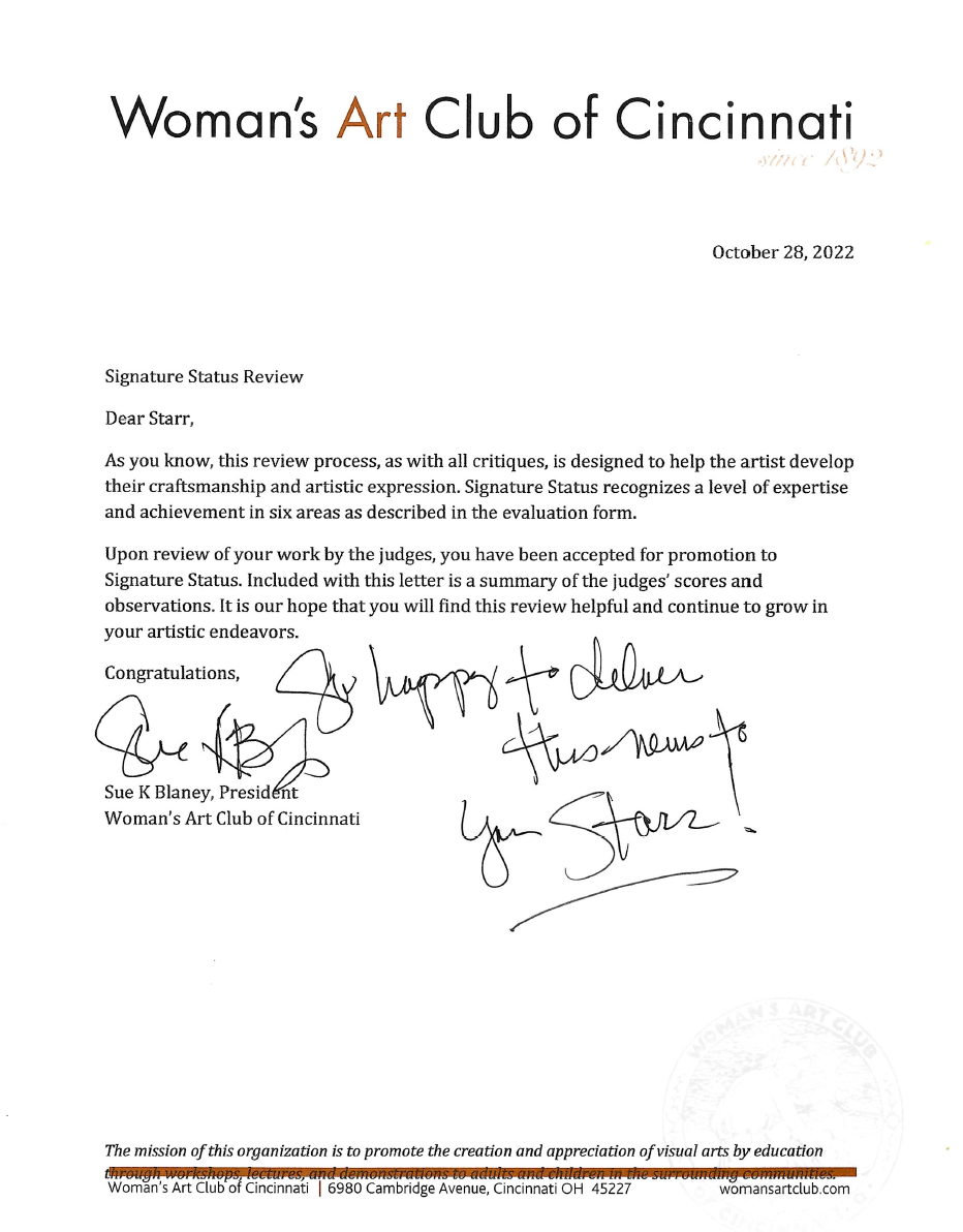 Starr Shebesta's WACC Signature Status letter